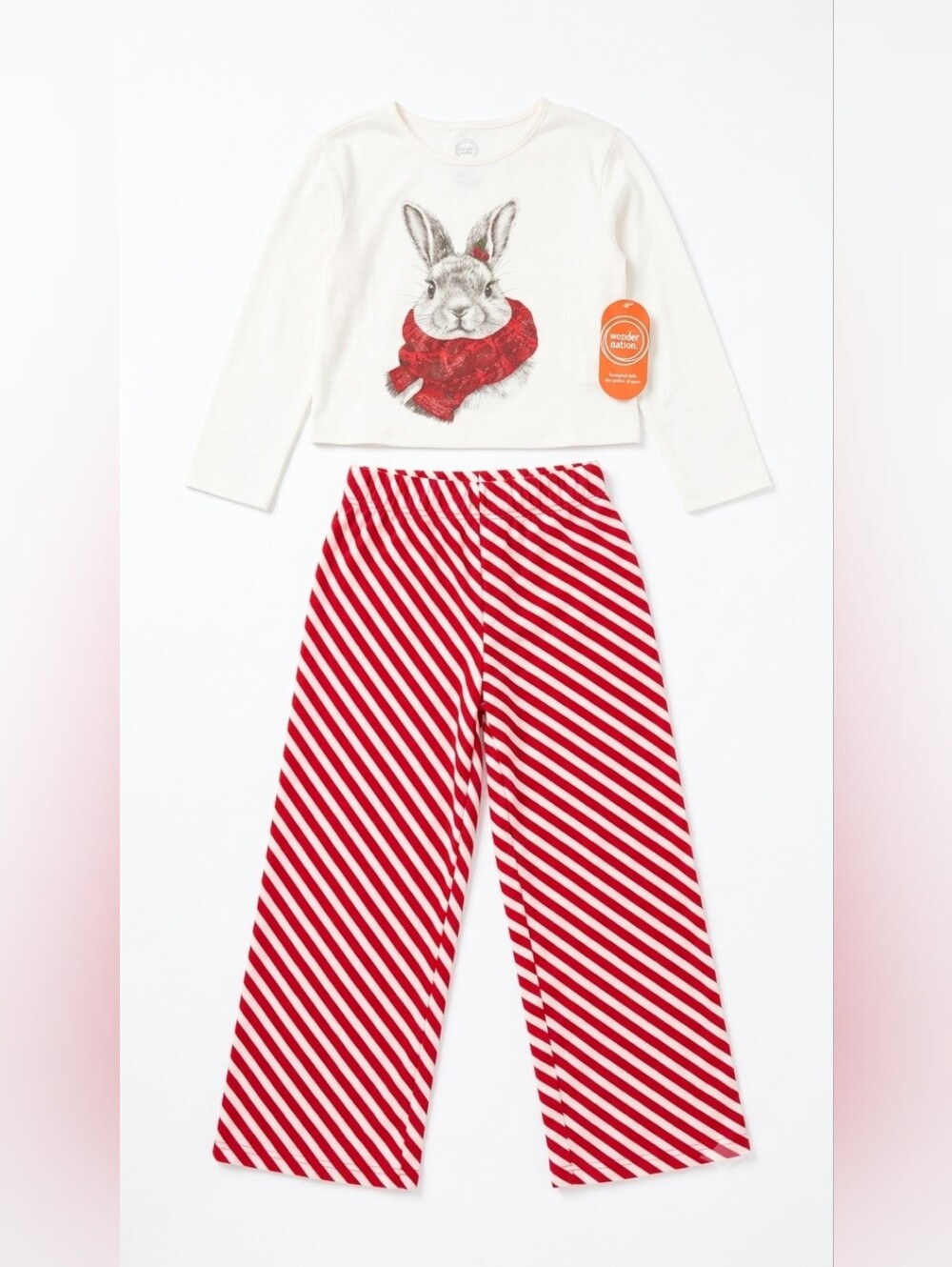 Kids Cream Bunny Scarf Pajama Set with Red Striped Pants